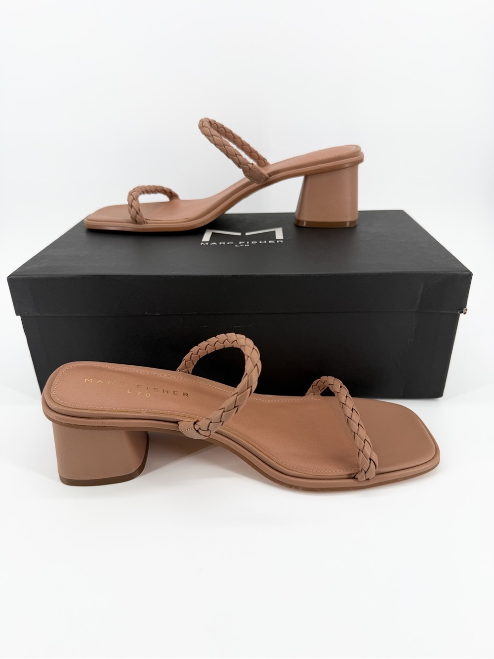 Marc Fisher Thoral Braided Leather Block Heel Slide Sandals Tan Beige 9.5 NEW